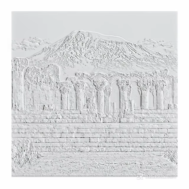 Ancient Ruins Relief With Classical Columns Arches And Mountain Backdrop 3d model
