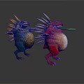 Two Vibrant Spiked Fantasy Creatures With Colorful Bodies And Green Objects