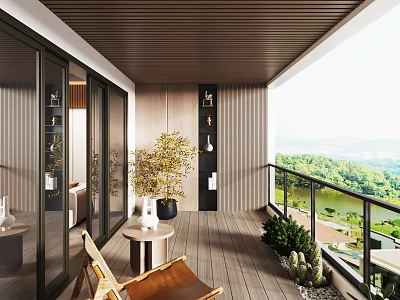 Elegant Home Balcony With Wooden Flooring Potted Plants Chair And Scenic View 3d model