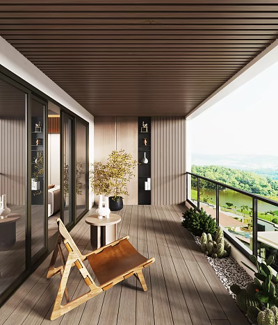 Elegant Home Balcony With Wooden Flooring Potted Plants Chair And Scenic View 3d model