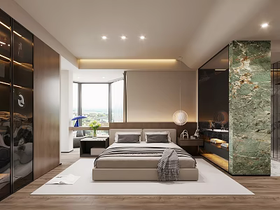 Modern Bedroom Interior Design With Large Bed Gray Bedding White Rug And Round Mirror 3d model