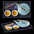 Traditional Tea Set with Bamboo Handle Teapot Two Tea Bowls and Wooden Tray