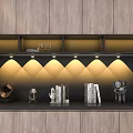 Modern Interior Wall Lamp With Wavy Lighting Wooden Cabinets Black Background Wall Books And Decorations