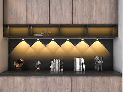Modern Interior Wall Lamp With Wavy Lighting Wooden Cabinets Black Background Wall Books And Decorations 3d model