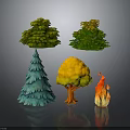 Different Shaped 3D Trees With Green Teal Yellow Orange Flame Colors And Dark Reflection 3d model