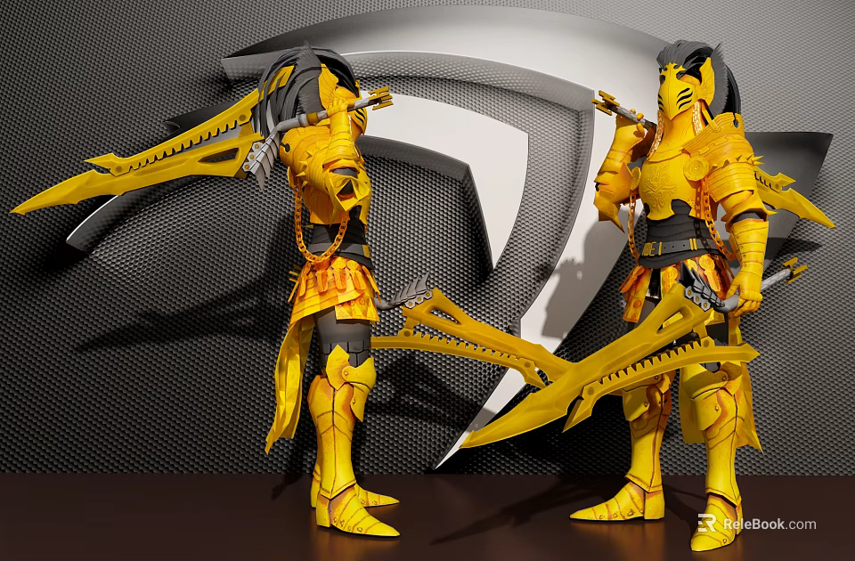 Game And Movie Characters In Yellow Armor Wielding Ornate Bladed Weapons Against White Logo Background 3d model 