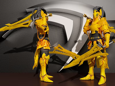 Game And Movie Characters In Yellow Armor Wielding Ornate Bladed Weapons Against White Logo Background 3d model