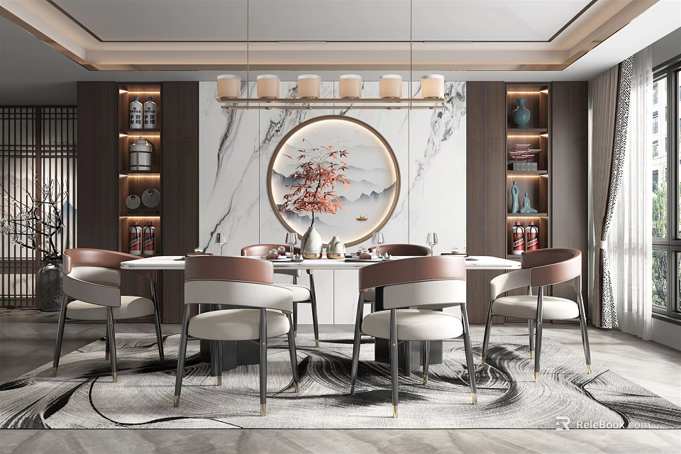 Modern Restaurant Interior With Round Dining Table Chairs And Decorative Art 3d model 