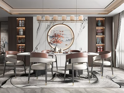 Modern Restaurant Interior With Round Dining Table Chairs And Decorative Art 3d model