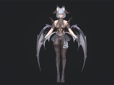 Female Fantasy Demon Character With Silver Hair Horns Bat Wings And Gothic Attire 3d model