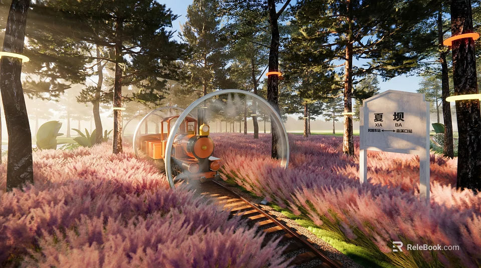 Children's Play Area With Mini Train Ride Through Purple Flower Field And Trees 3d model 