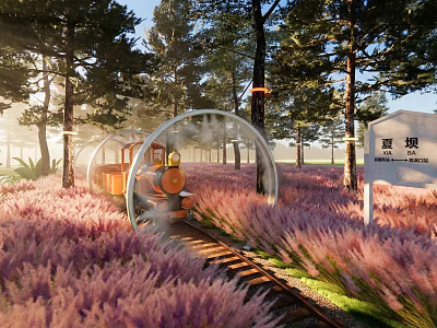 Children's Play Area With Mini Train Ride Through Purple Flower Field And Trees 3d model