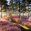 Children's Play Area With Mini Train Ride Through Purple Flower Field And Trees