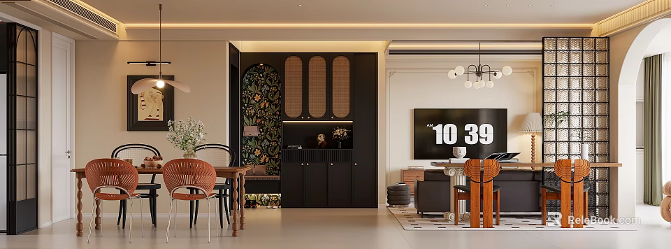Modern Living Dining Room Interior With Wooden Table Chandelier Sofa And Decorative Plants 3d model 