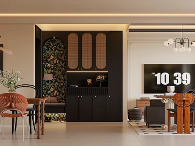 Modern Living Dining Room Interior With Wooden Table Chandelier Sofa And Decorative Plants 3d model