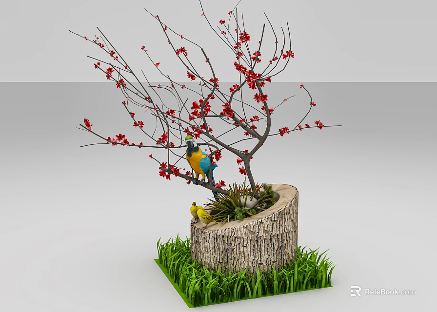Decorative Bonsai Plant with Red Flowers Colorful Bird and Green Grass on Tree Stump Base 3d model 