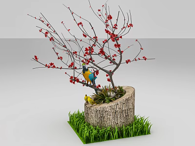 Decorative Bonsai Plant with Red Flowers Colorful Bird and Green Grass on Tree Stump Base 3d model