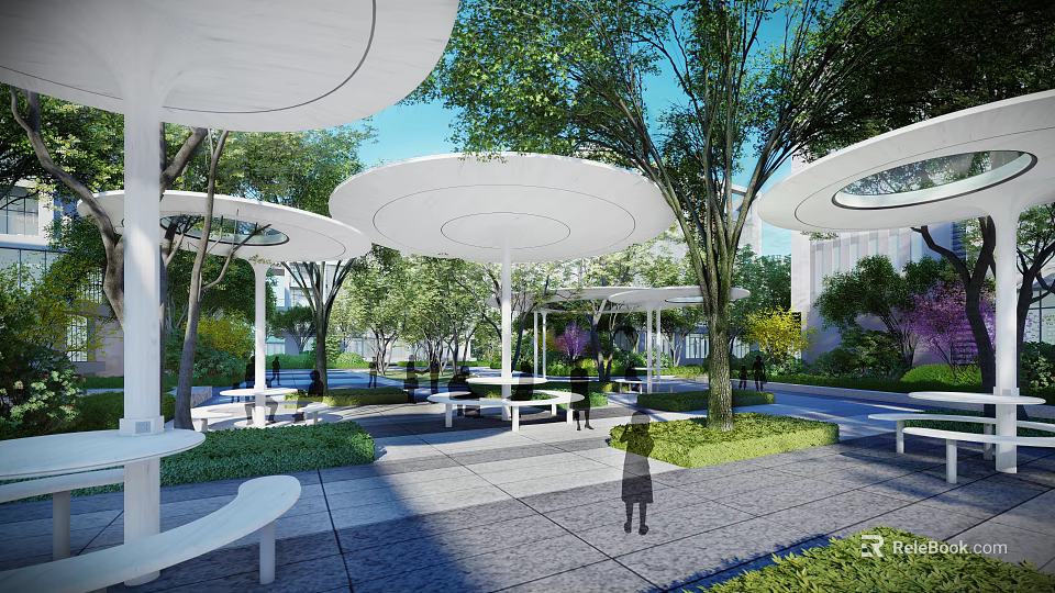 Modern Garden Landscape With White Canopies Green Trees Benches And Pedestrian Paths 3d model 