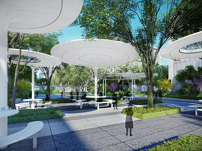 Modern Garden Landscape With White Canopies Green Trees Benches And Pedestrian Paths 3d model