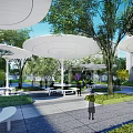 Modern Garden Landscape With White Canopies Green Trees Benches And Pedestrian Paths
