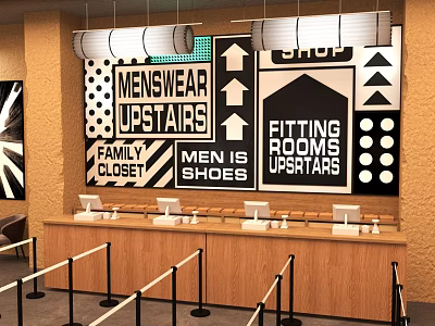 Store Front Desk With Menswear Fitting Rooms Family Closet Signs And Arrows Upstairs 3d model