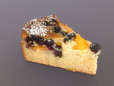 Delicious Cake Slice With Fresh Berries Peaches And Powdered Sugar Topping 3d model
