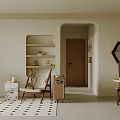 Modern Living and Dining Room Interior With Curved Wooden Cabinets Pendant Light and Dining Table