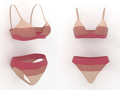 Pink And Beige Striped Bikini Set With Triangle Top And Minimalist Design 3d model