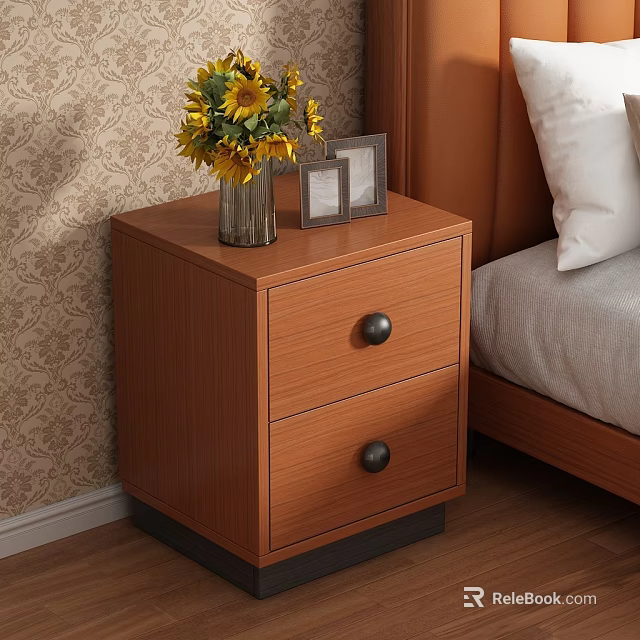 Wooden Bedroom Nightstand With Two Drawers Black Knobs Sunflower Vase And Photo Frame 3d model 