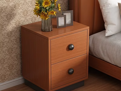 Wooden Bedroom Nightstand With Two Drawers Black Knobs Sunflower Vase And Photo Frame 3d model
