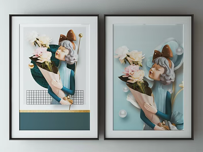Decorative Wall Art Prints With Woman Figure Holding Flower Bouquets Geometric Patterns And Pearls 3d model