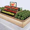 Wooden Display Shelf with Various Fresh Fruits Arranged and Screen Showing Fruit