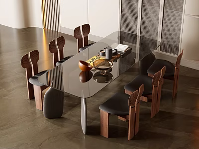 Modern Glass Top Dining Table Set With Wooden Frame Chairs And Black Leather Seats 3d model