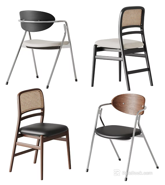 Modern Dining Chairs With Wooden Frame Rattan Back Leather Seat And Metal Legs 3d model 
