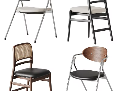 Modern Dining Chairs With Wooden Frame Rattan Back Leather Seat And Metal Legs 3d model