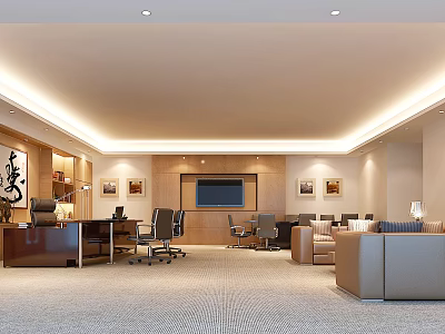 Spacious Modern Office Interior With Executive Desk Office Chairs Sofa TV Bookshelf And Wall Paintings 3d model