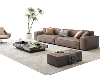 Modern Brown Sofa Coffee Table Set With Marble Top Ottoman Throw Blanket And Potted Plant 3d model