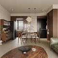 Modern Living Dining Room Interior With Dark Brown Bookshelf Green Sofa Round Wooden Coffee Table
