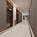 Modern Elevator Lobby With Shiny Marble Floor Large Window And Recessed Lighting 3d model