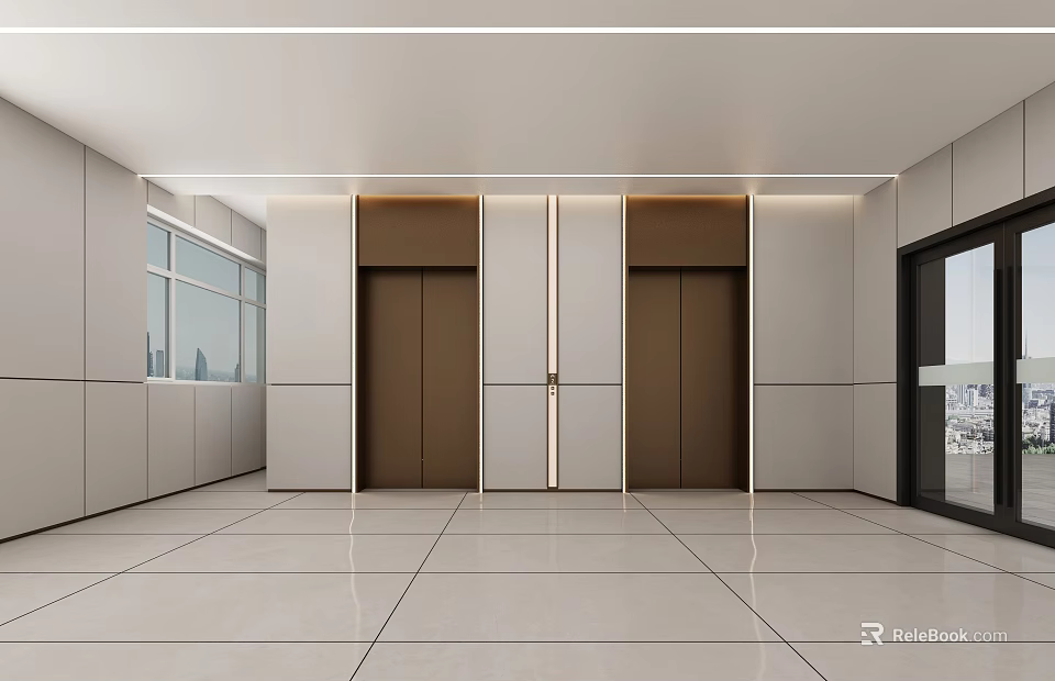 Modern Elevator Lobby Interior With Brown Doors White Walls And Polished Tile Flooring 3d model