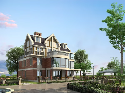 Spacious Detached Villa With Multiple Floors Red Brick Exterior Large Windows And Green Trees 3d model