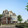 Spacious Detached Villa With Multiple Floors Red Brick Exterior Large Windows And Green Trees