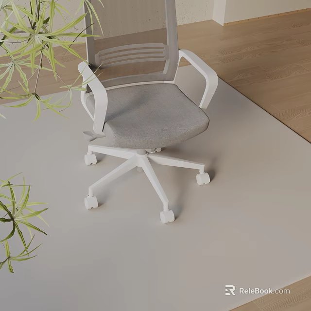 Comfortable Office Chair With Gray Cushion White Frame And Green Plants Near Wooden Floor 3d model 