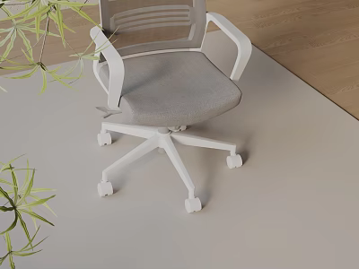 Comfortable Office Chair With Gray Cushion White Frame And Green Plants Near Wooden Floor 3d model