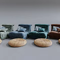 Multi Colored Backrest Floor Sofa Cushions With Soft Fabric And Rattan Stools 3d model