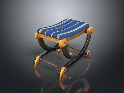 Elegant Classic Stool with Blue Striped Cushion Golden Decorations and Black Frame Curved Legs 3d model