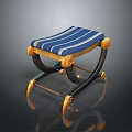 Elegant Classic Stool with Blue Striped Cushion Golden Decorations and Black Frame Curved Legs