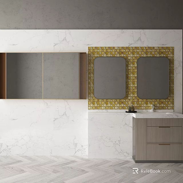 Modern Bathroom Vanity With Yellow Tile Backsplash Two Mirrors And Storage Cabinets 3d model 