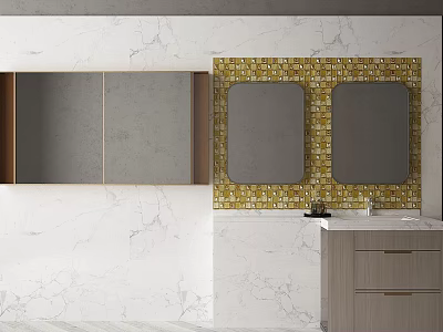 Modern Bathroom Vanity With Yellow Tile Backsplash Two Mirrors And Storage Cabinets 3d model