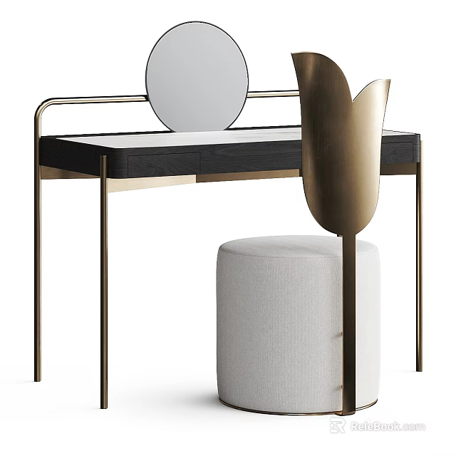 Modern Dressing Table Featuring Black Top Gold Frame Round Mirror White Stool And Tulip Decor 3d model